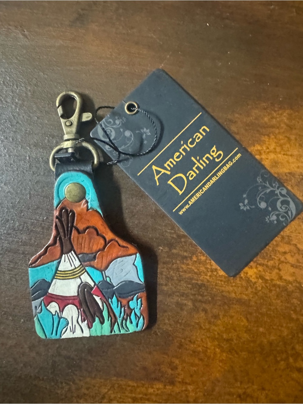 American Darling Turquoise Brown Multi-Color Leather Key Fob with Teepee Artwork